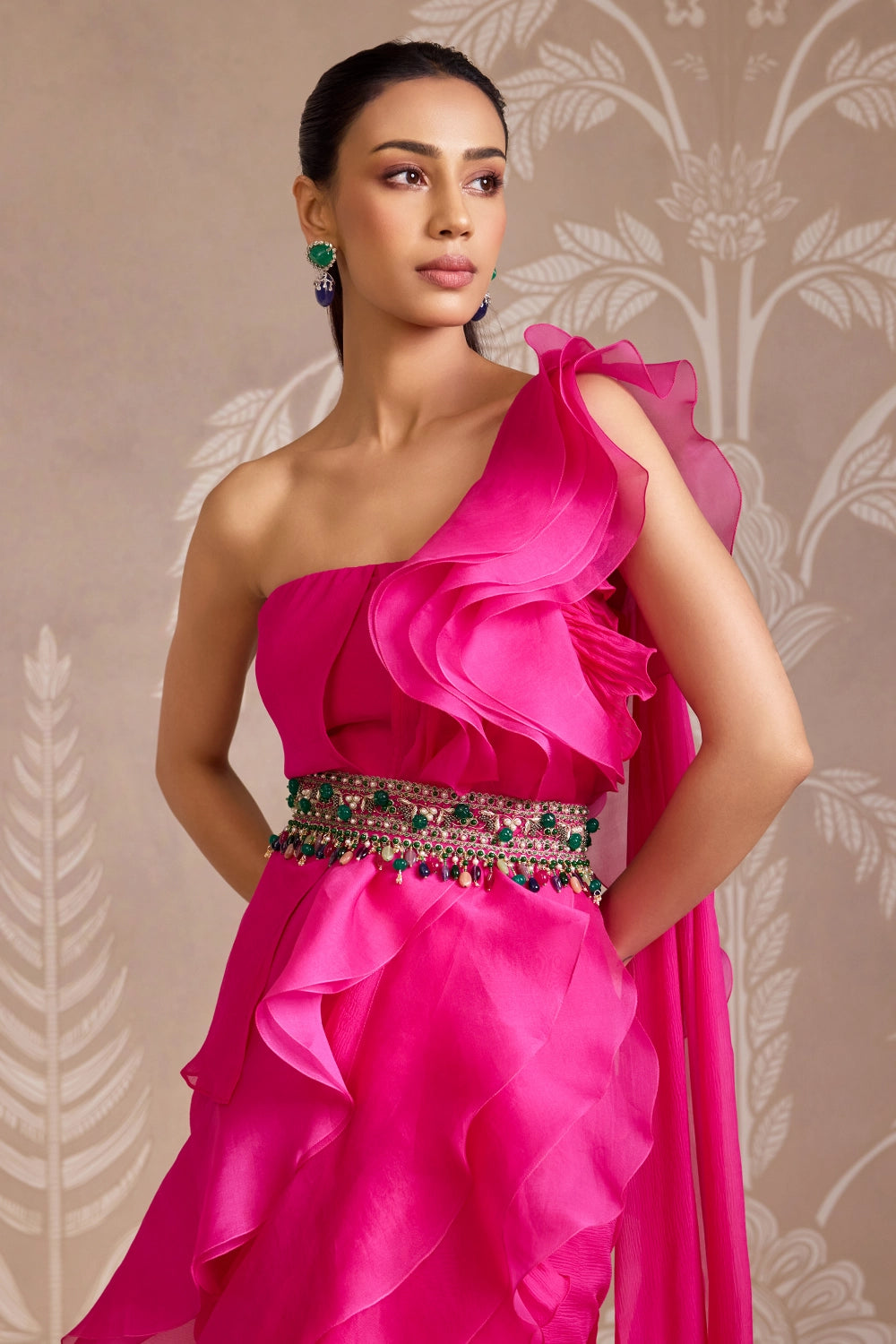Fuchsia Twist Stardust Belted Sari Set