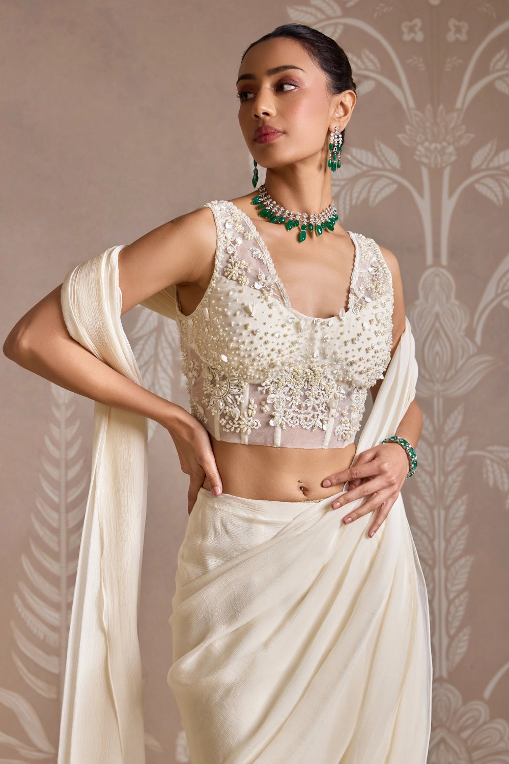Ethereal Ivory Corset Spindle Sari Set