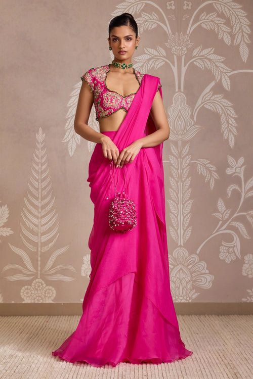 Twind Fuchsia Embroidered Blouse with Chiffon Saree Set