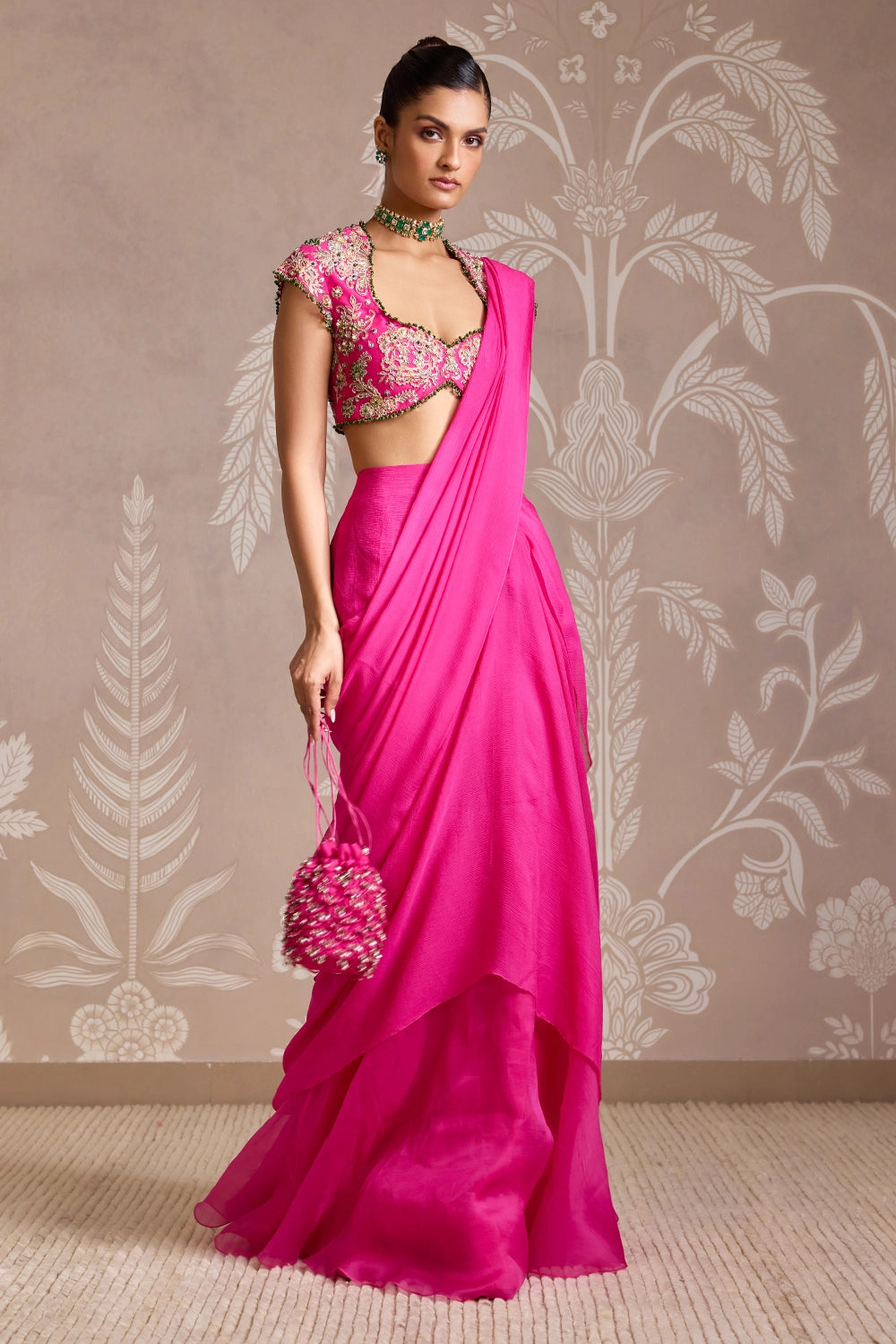 Twind Fuchsia Embroidered Blouse with Chiffon Saree Set