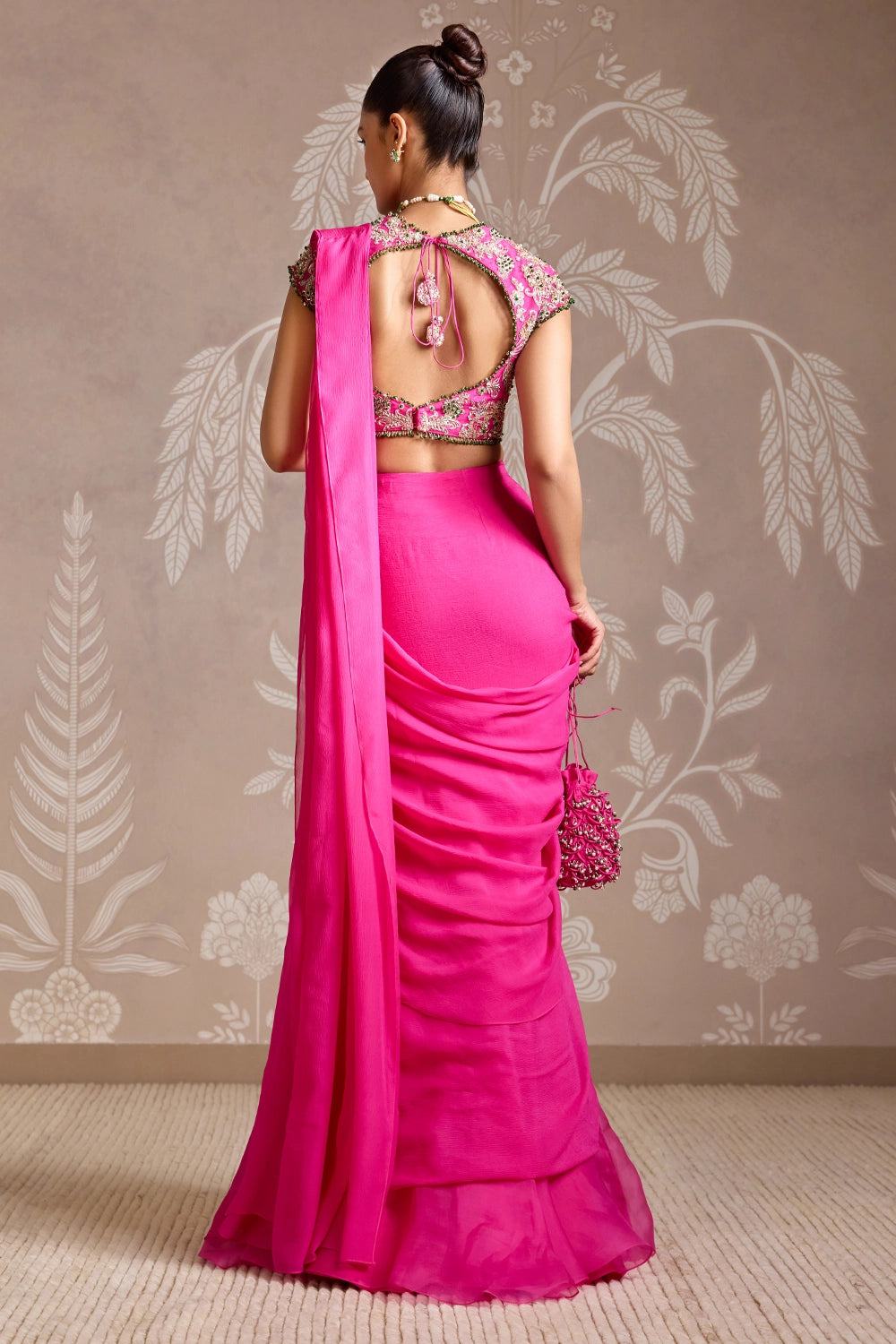 Twind Fuchsia Embroidered Blouse with Chiffon Saree Set