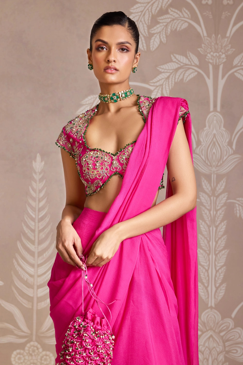 Twind Fuchsia Embroidered Blouse with Chiffon Saree Set