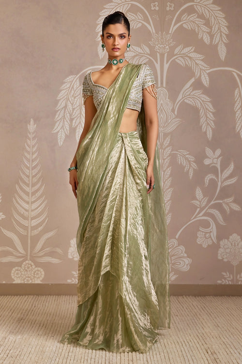 Loom Mint Gold Draped Tissue Sari Set