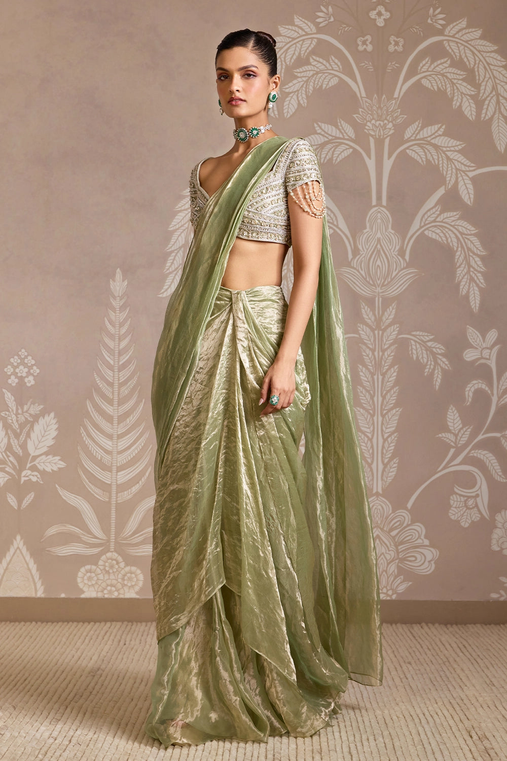Loom Mint Gold Draped Tissue Sari Set