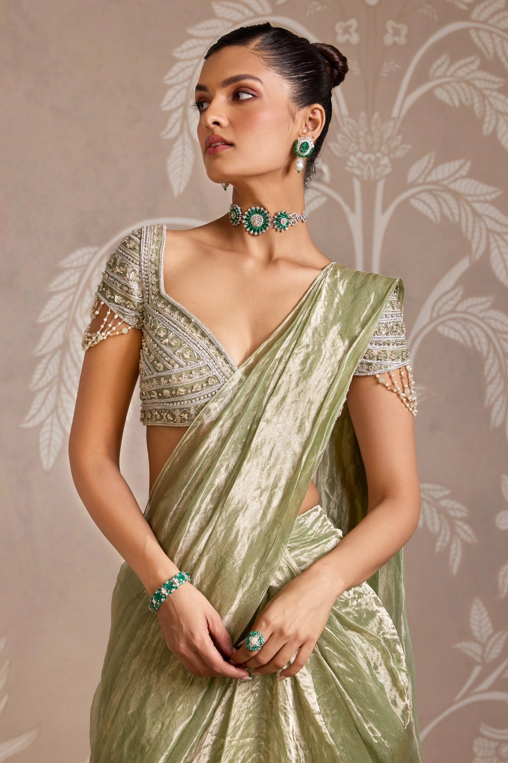 Loom Mint Gold Draped Tissue Sari Set