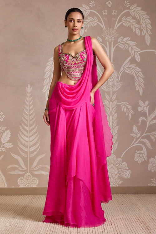 Knot Bright Fuchsia Embroidered Back Tie Sari Set