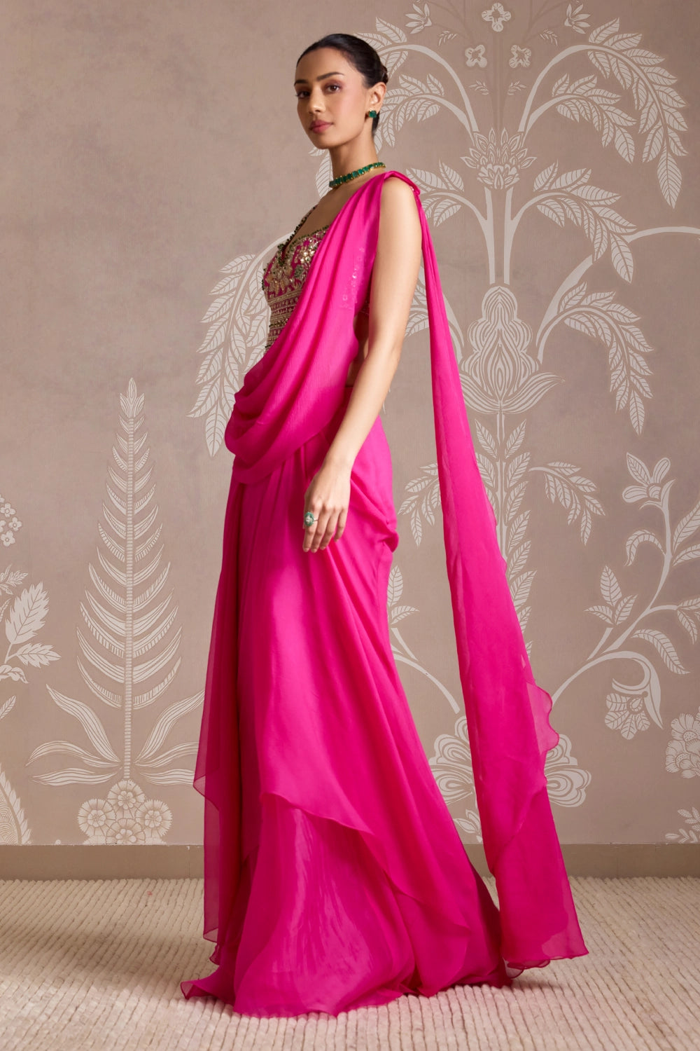 Knot Bright Fuchsia Embroidered Back Tie Sari Set