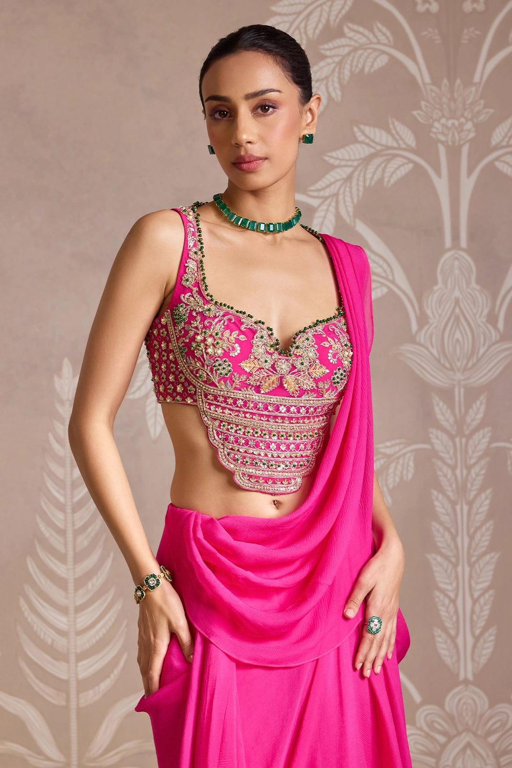 Knot Bright Fuchsia Embroidered Back Tie Sari Set