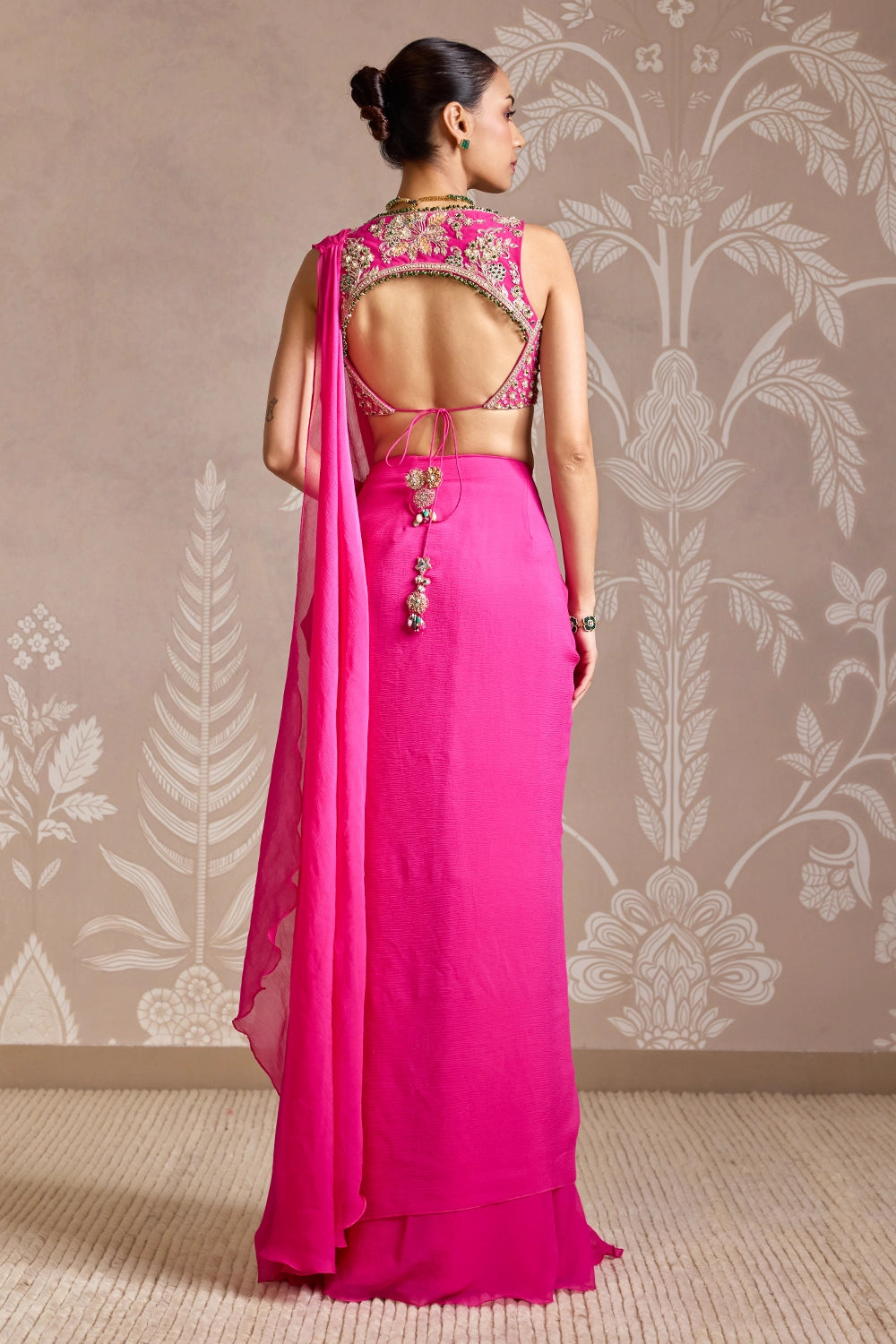 Knot Bright Fuchsia Embroidered Back Tie Sari Set