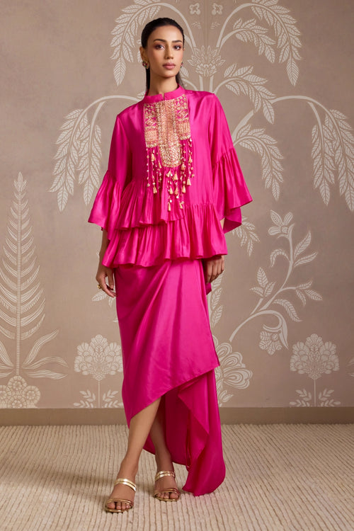 Bright Fuchsia Embroidered Frill Silk Top & Draped Skirt