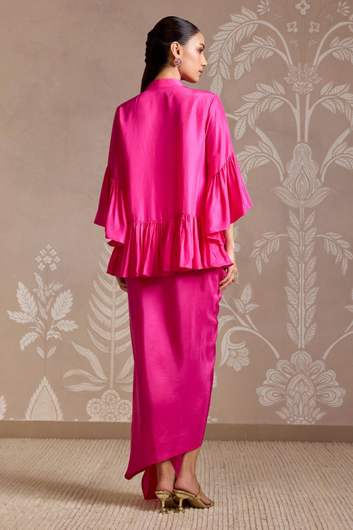 Bright Fuchsia Embroidered Frill Silk Top & Draped Skirt