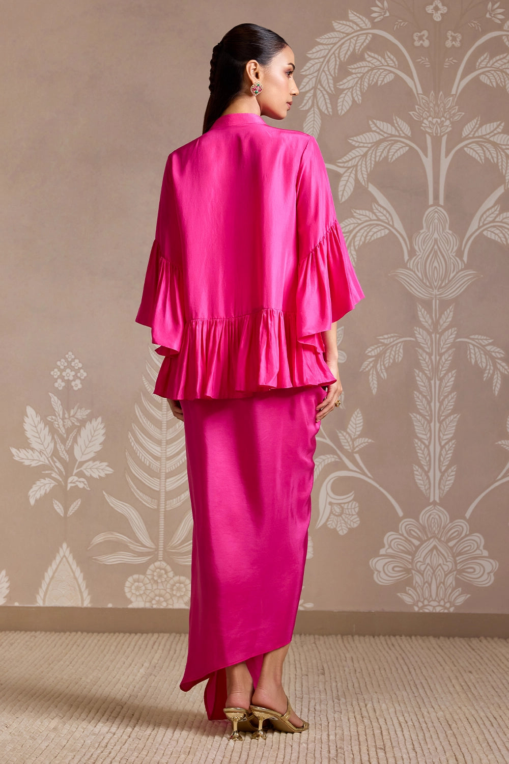 Bright Fuchsia Embroidered Frill Silk Top & Draped Skirt