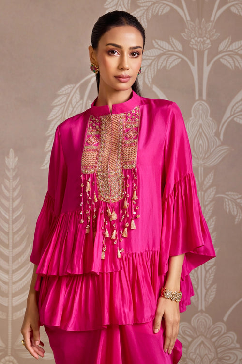 Bright Fuchsia Embroidered Frill Silk Top & Draped Skirt