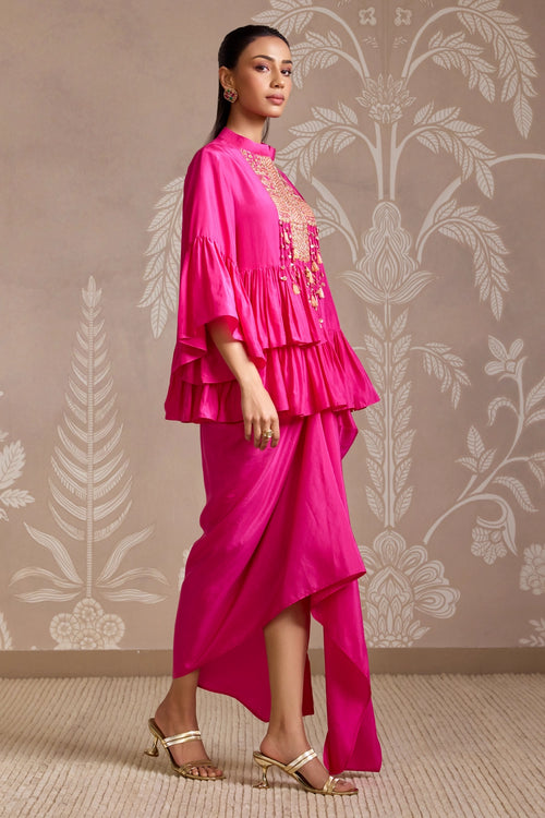 Bright Fuchsia Embroidered Frill Silk Top & Draped Skirt
