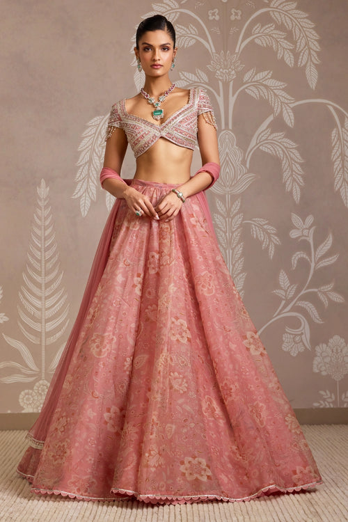 Flare Coral Print Embroidered Net Blouse & Organza Skirt Set