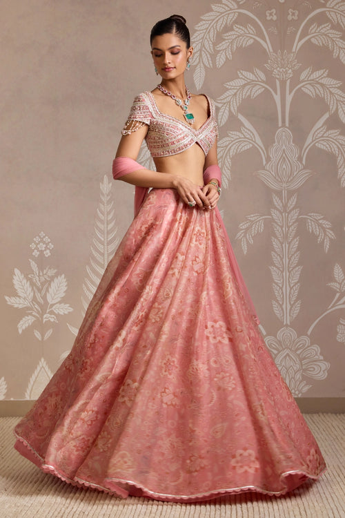 Flare Coral Print Embroidered Net Blouse & Organza Skirt Set