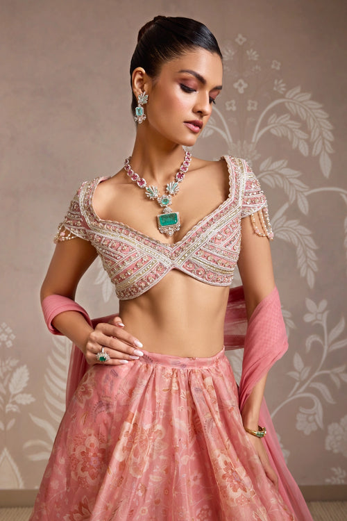 Flare Coral Print Embroidered Net Blouse & Organza Skirt Set