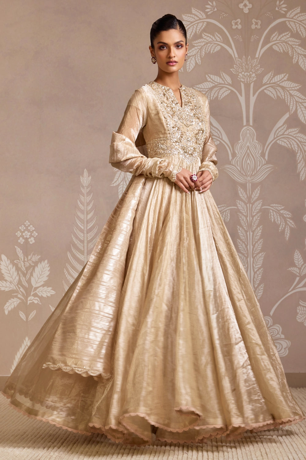 Weft Gunmetal Gold Tissue Anarkali with Jacquard Dupatta