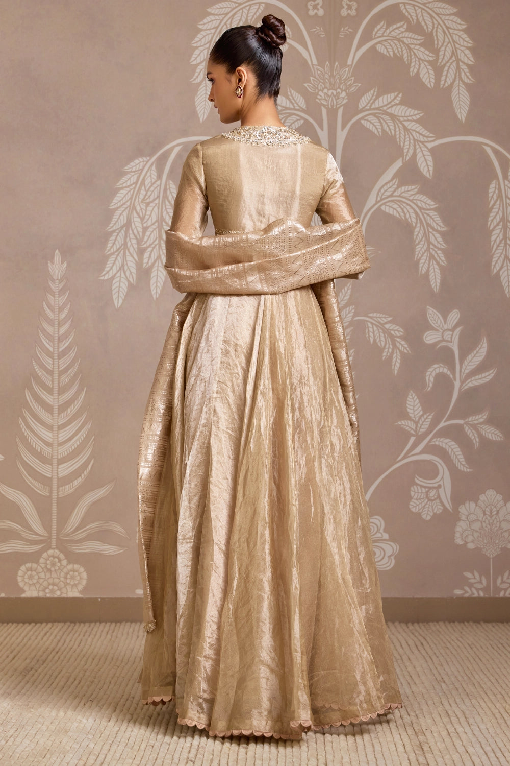 Weft Gunmetal Gold Tissue Anarkali with Jacquard Dupatta