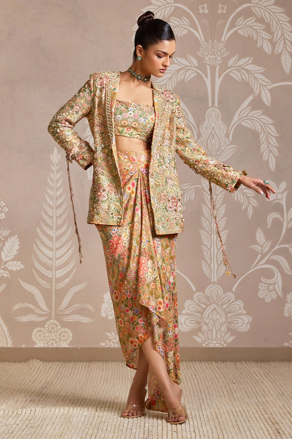 Intertwine Olive Green Jacket Skirt Set