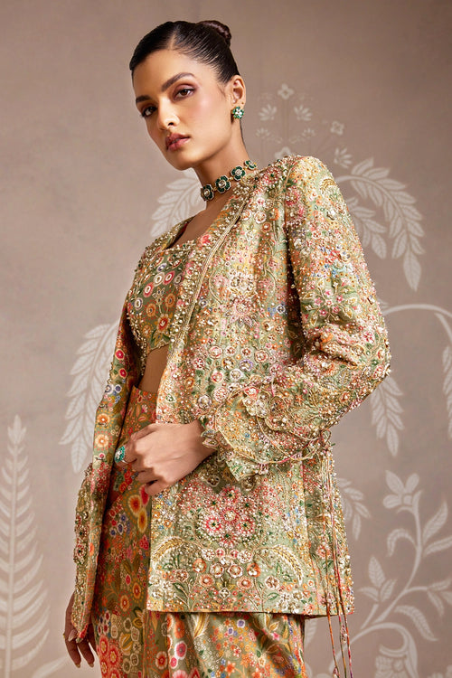 Intertwine Olive Green Jacket Skirt Set