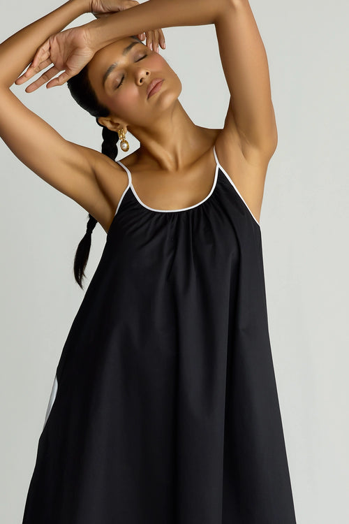 Black And White Egyptian Cotton Long Trapeze Dress