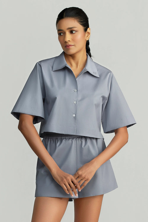 Powder Blue Egyptian Cotton Cropped Bowling Shirt