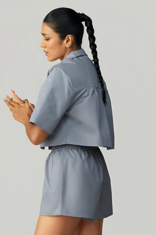 Powder Blue Egyptian Cotton Cropped Bowling Shirt