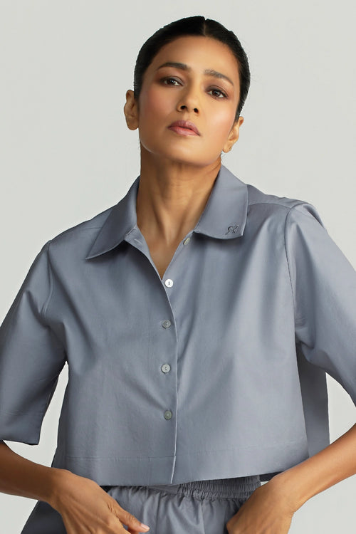 Powder Blue Egyptian Cotton Cropped Bowling Shirt
