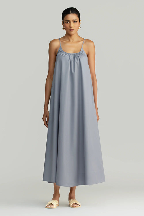 Powder Blue Egyptian Cotton Long Trapeze Dress
