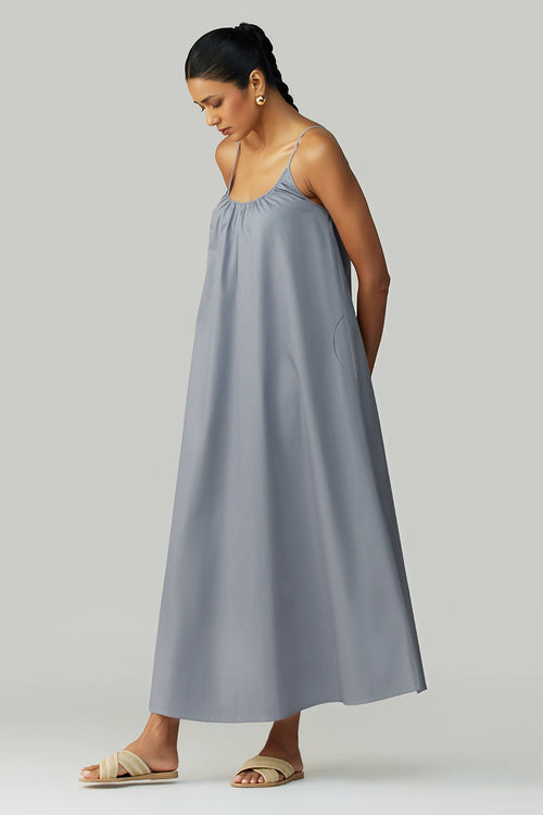 Powder Blue Egyptian Cotton Long Trapeze Dress