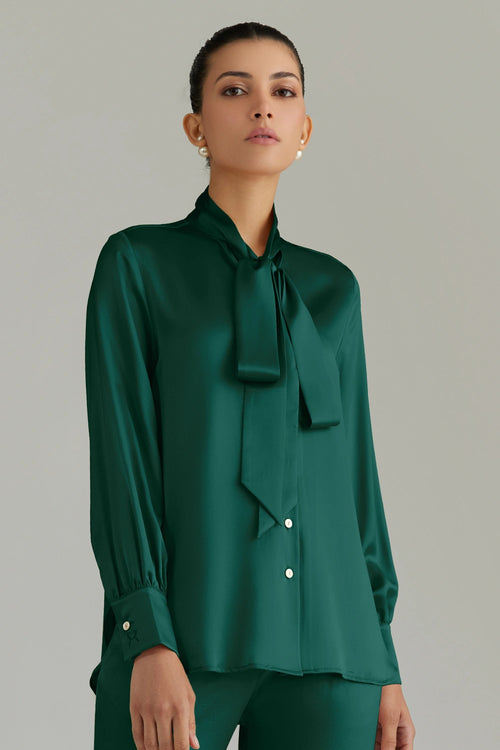 Emerald Silk Long-Sleeved Tie-Neck Top