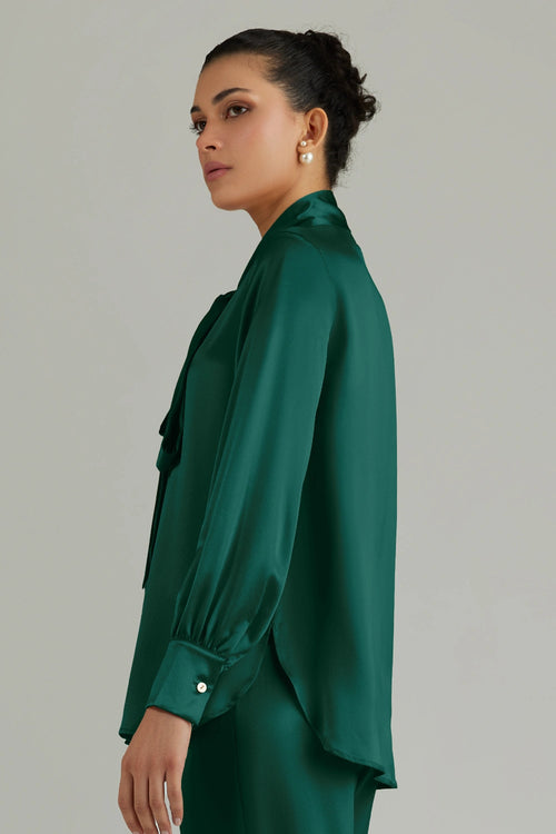 Emerald Silk Long-Sleeved Tie-Neck Top