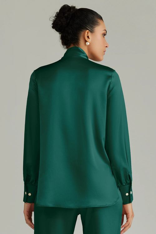 Emerald Silk Long-Sleeved Tie-Neck Top