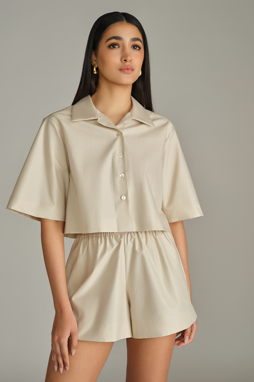 Fawn Egyptian Cotton Cropped Bowling Shirt