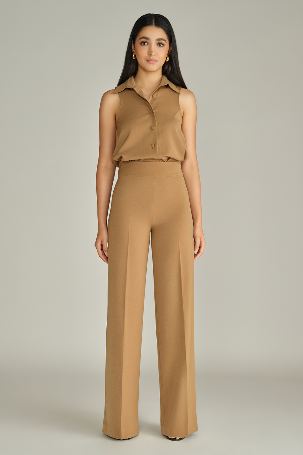 Camel Stretch Suiting Wide-Leg Trousers