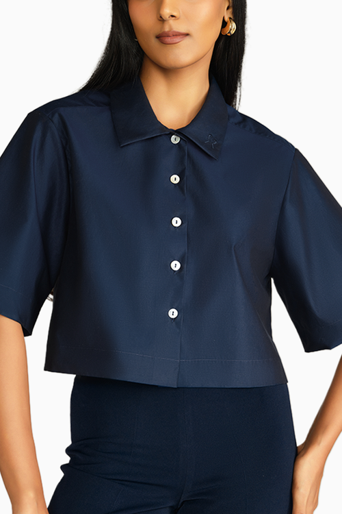 Navy Blue Egyptian Cotton Cropped Bowling Shirt