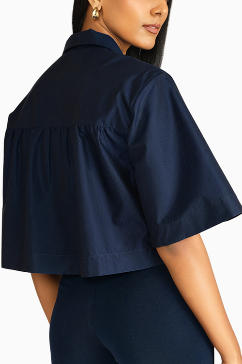Navy Blue Egyptian Cotton Cropped Bowling Shirt