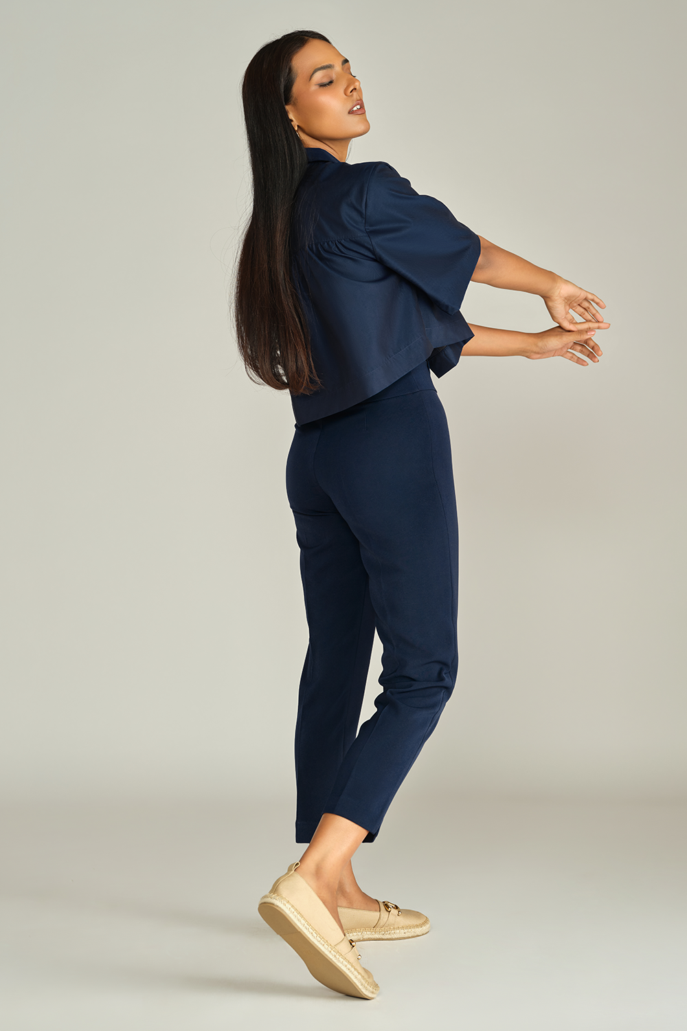 Navy Blue Egyptian Cotton Cropped Bowling Shirt