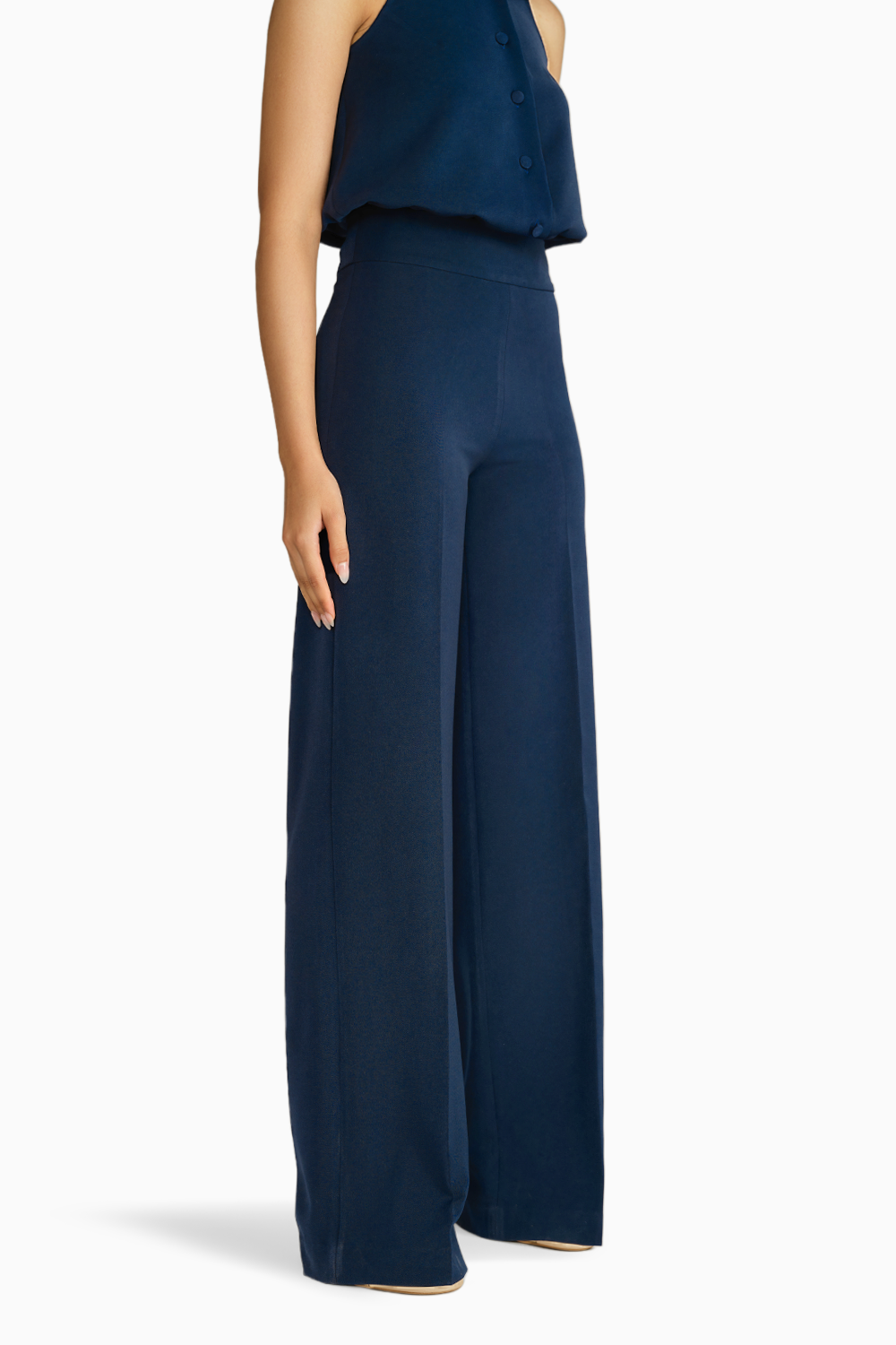 Navy Blue Stretch Suiting Wide-Leg Trousers