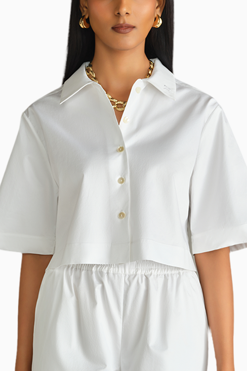 White Egyptian Cotton Cropped Bowling Shirt
