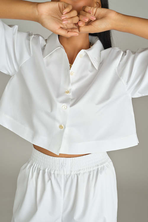 White Egyptian Cotton Cropped Bowling Shirt