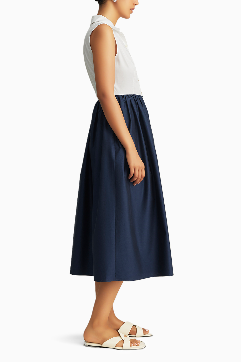 White and Navy Egyptian Cotton Long Tennis Dress