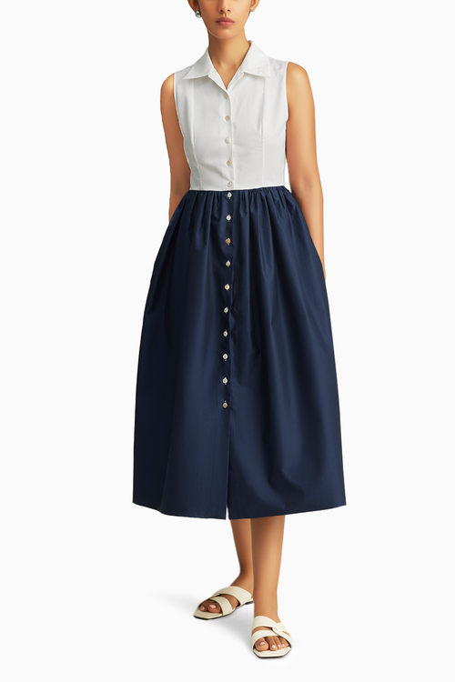 White and Navy Egyptian Cotton Long Tennis Dress