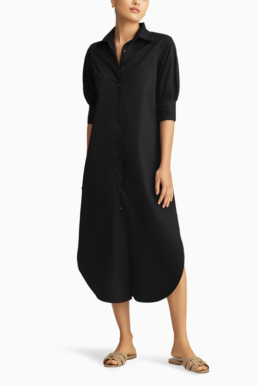 Black Egyptian Cotton Long Shirt Dress