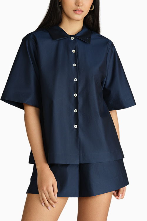 Navy Blue Egyptian Cotton Bowling Shirt