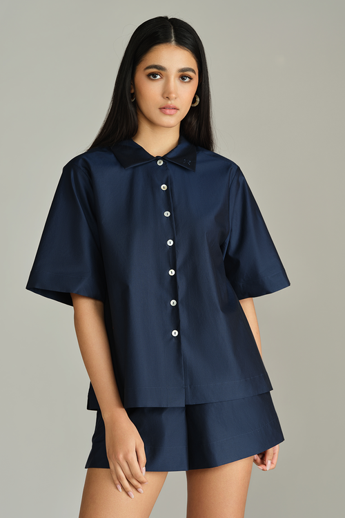 Navy Blue Egyptian Cotton Bowling Shirt