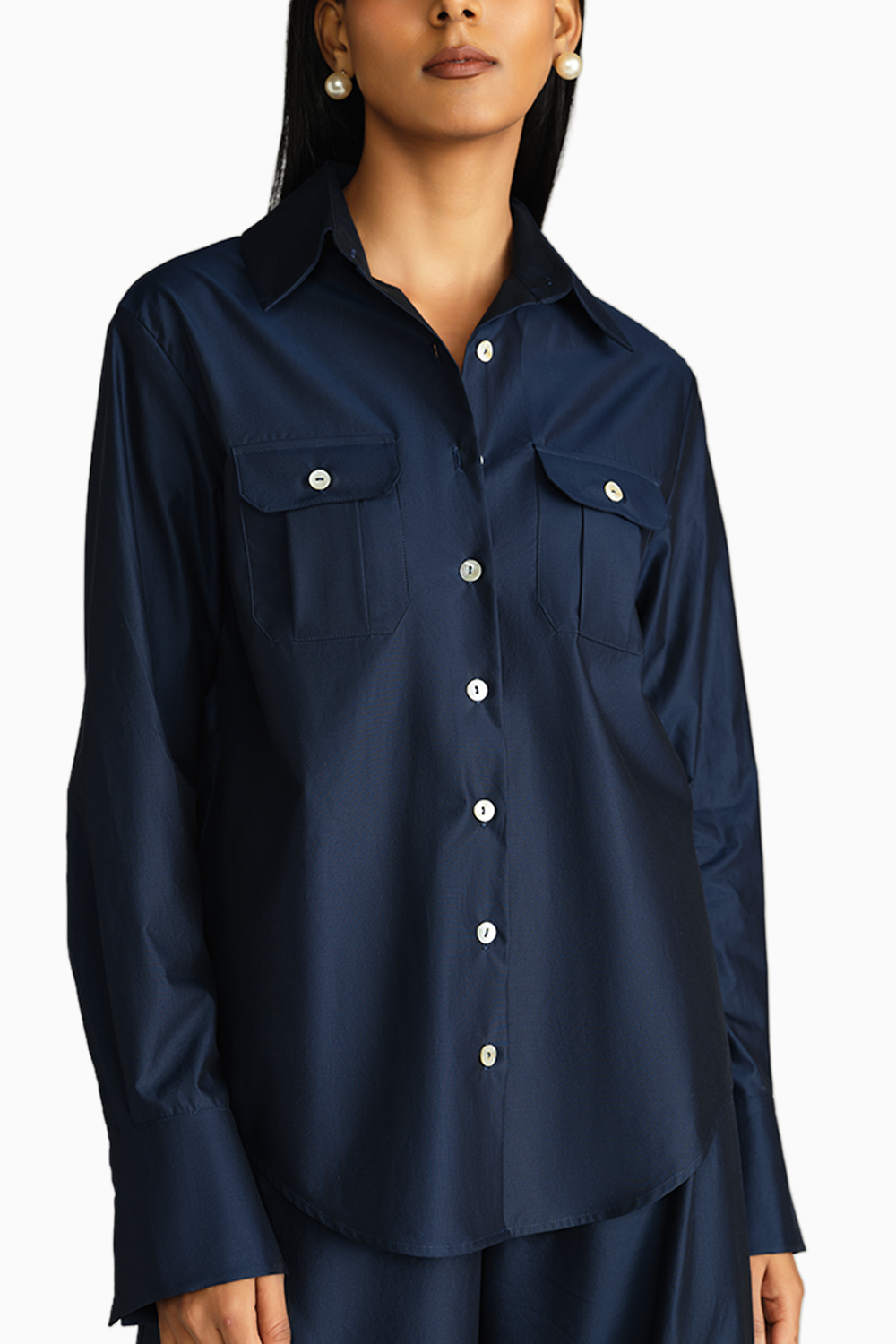 Navy Blue Egyptian Cotton Oversized Long-Sleeved Shirt