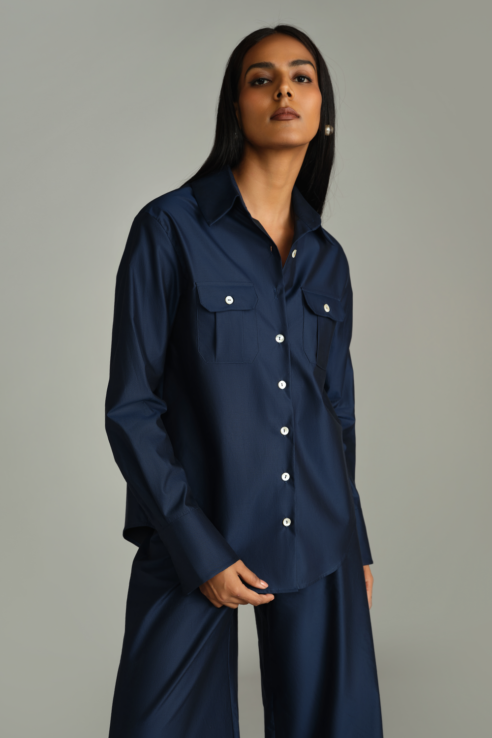 Navy Blue Egyptian Cotton Oversized Long-Sleeved Shirt
