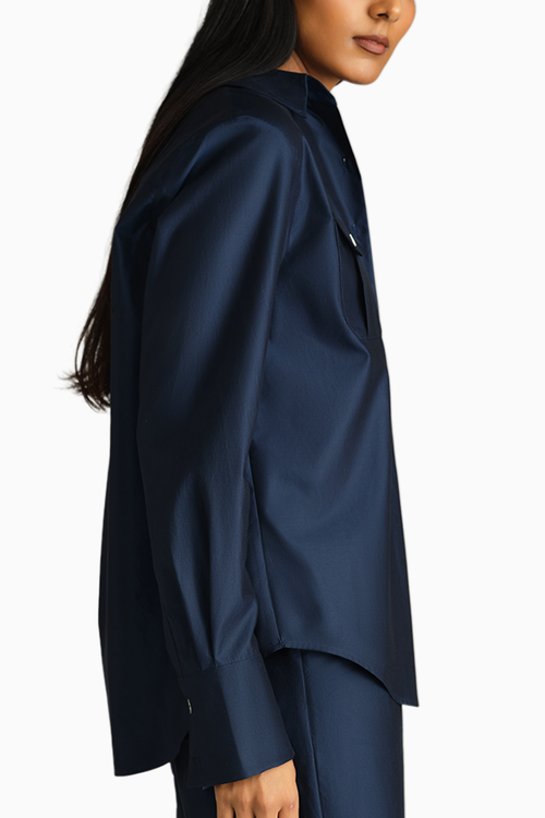 Navy Blue Egyptian Cotton Oversized Long-Sleeved Shirt